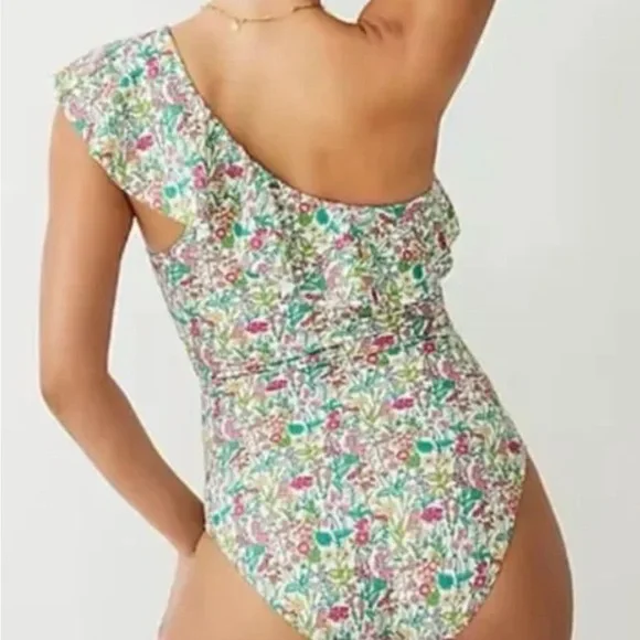 J. Crew One-Shoulder Floral One Piece in Green and Pink flutter Liberty Sz 16‎ - Picture 2 of 14